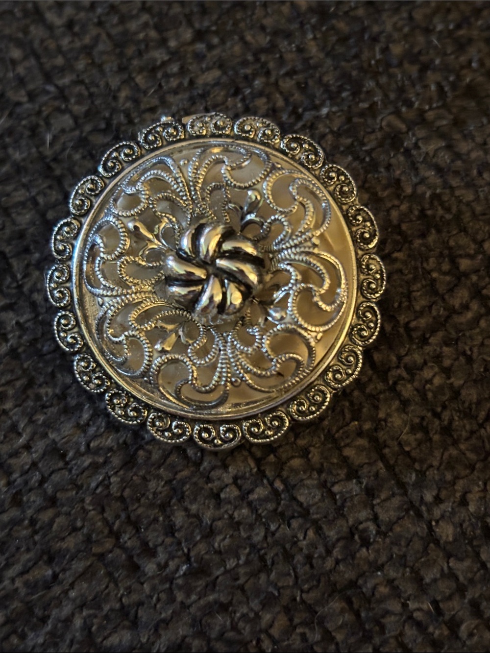 West Germany Ornate Round Silver-Tone Filigree Scarf Clip